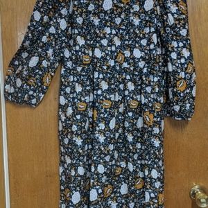 Boho Universal midi dress blue gold white floral print balloon sleeve pockets S